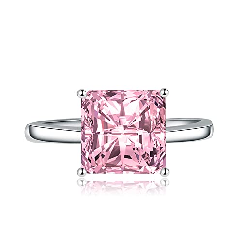 3CT Promise Rings Simulated Yellow/Purple/Red/Blue/Pink Diamond Cubic Zirconia Ring for Women Radiant Cut Sterling Silver Bands Square Design for Wedding Engagement Present(Pink)