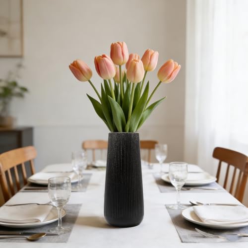 Image of 7.8''H Ceramic Vase, Pampas Grass Vase, Ribbed Modern Decor, Matte Black