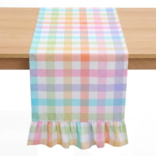 Windkream Pastel Gingham Ruffle Table Runner,13 x 90 Inch