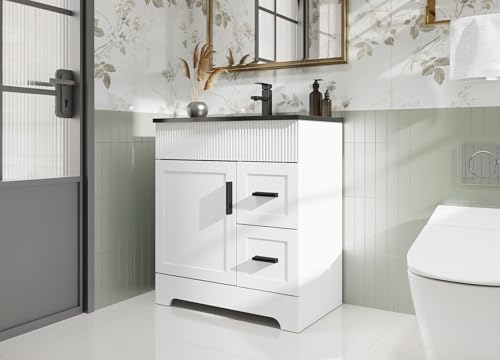 Image of eclife 30 inch Bathroom Vanities Sink Combo with Painted Surface, Modern Drawered Cabinet W /Decorative Wave Lines, Undermount Single Black Sink, Matte Black Faucet Drain, White