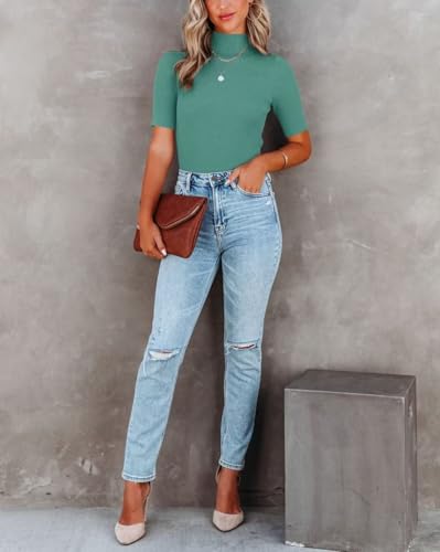 Image of Lacozy Women Casual Short Sleeve Shirt Basic Mock Neck Top Slim Fit Ribbed Knit Pullover Sweater