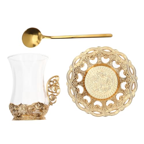 BAZEITFLOW Tazas de Vidrio para Café y Leche con Diseño Vintage Incluye Cuchara y Plato Ergonómicas y Fáciles de Limpiar para Té y Café Casa o Restaurante