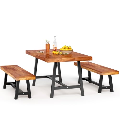 PHI VILLA Outdoor Dining Table and Bench Set Patio Wood Table and Bench Set for 6, 1 x Acacia Wood Dining Table & 2 x Benches, Patio Wooden Dining Set for Porch, Yard, Deck