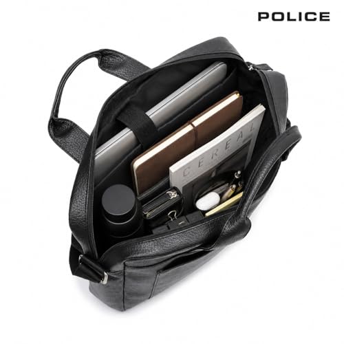 Image of Police Premium Laptop Briefcase for Men | Vegan Leather Office Messenger Bag with Padded Laptop Compartment, Front Utility Pocket & Adjustable Shoulder Strap | Business Work Bag | Black