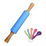 Acstar Silicone Rolling Pin for Baking Non-stick Surface Wooden Handle 15.15x2.17 inch with Free Measure Spoon(Blue)