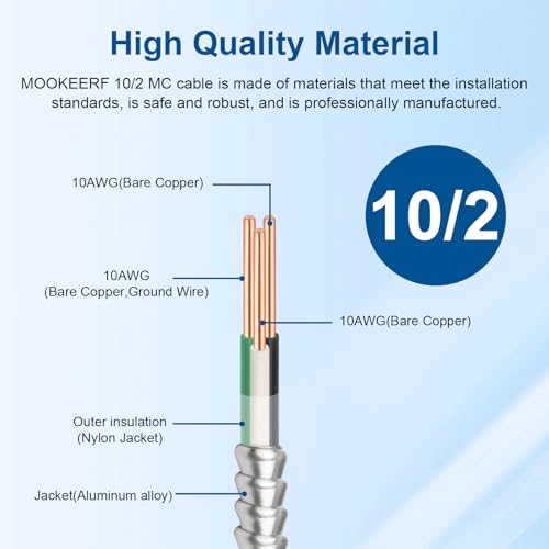 Image of 10 /2 MC Cable with Ground - 15FT Pure Copper 10AWG /2 Metal Clad Wire with Aluminum Armor 10 Gauge 2 Conductor Type MC Alum Cable
