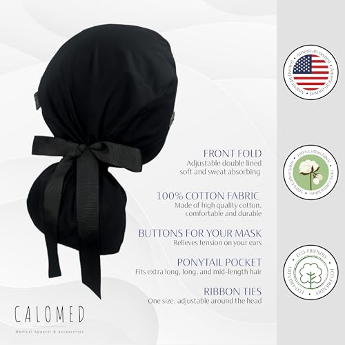 Image of Scrub Cap for Women and Men, Ponytail Scrub Caps, Working Hat, Head Cover with Ribbon Ties and Buttons, Long Hair