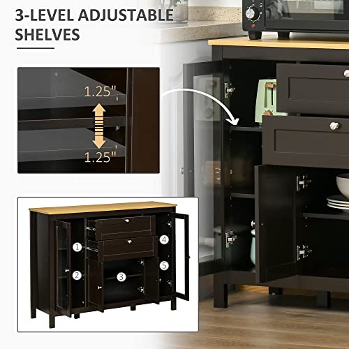 Homcom 47" Sideboard, Buffet Cabinet With Rubber Wood Top, Glass Door, Coffee Bar Cabinet, Kitchen Cabinet With Drawers, Adjustable Shelving For Living Room, Brown #TOP4