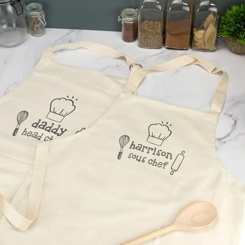 A1 Graphics Ltd Personalised Kids Apron Matching Adult Chef Name Parent Child Custom Name for Cooking Baking at Home Father Son Mother Daughter Design 1 (Cream, Child) - Image 2