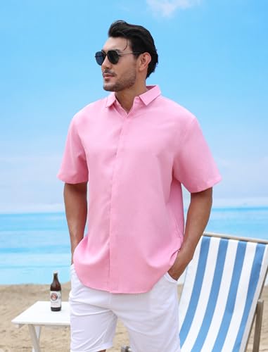 Men's Button-Down Shirts Wrinkle Free Short Sleeve Shirt Textured Linen-Look Casual Top for Summer, Beach Vacation3