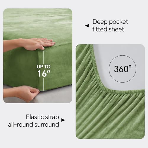 Image of BEDELITE Flannel Sheets Full Size Green - Super Soft Fleece Sheets Set Fluffy Extra Plush, 4 Piece(Include Fitted Sheet, Flat Sheet, 2 Pillowcases)