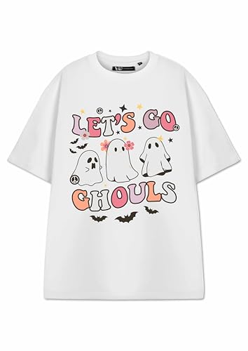 Show Me The Merch Let's Go Ghouls - T-shirt branca de manga curta para mulher, t-shirt assustadora de Halloween, design de fantasma assustador, presente para amantes de filmes de terror,, Branco, 3XL