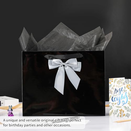 Image of 13 inch Black Bags with Handles, Birthday Gift Bag Set - 2 Gift Bag with Bow, 4 Tissues & Greeting Card for Men Women,Gift Bags Medium size(2 PCS Black Glossy)