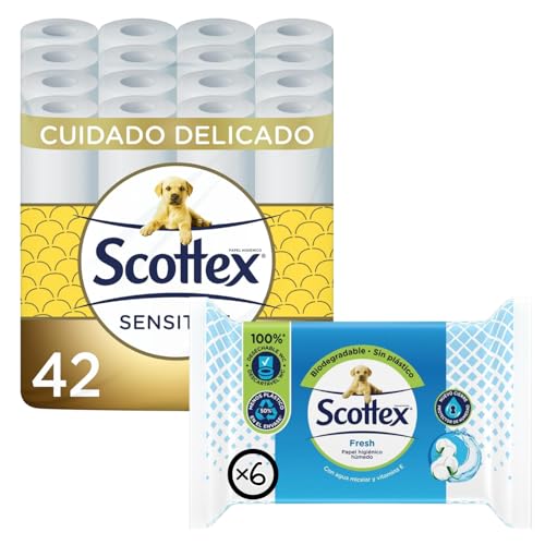 Scottex Papel Higiénico Sensitive 42 Rollos + Higiénico Húmedo Fresh 6 paquetes (444 servicios)