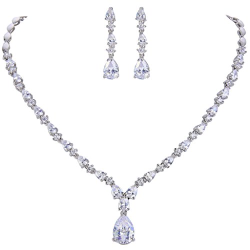 EVER FAITH Gorgeous Cubic Zirconia Charming Water Drop Bridal Bride Necklace Earrings Set Silver-Tone