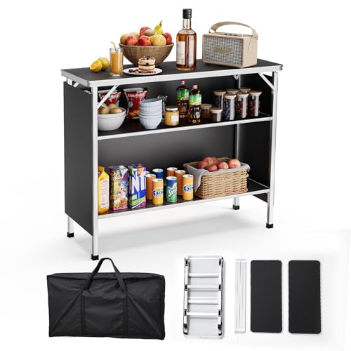 Warmiehomy Folding Camping Table with 2-Tier Shelves Portable Camping Kitchen Unit Picnic Table with Removable Cloth Cover for Garden Camping Black 99x39x89cm