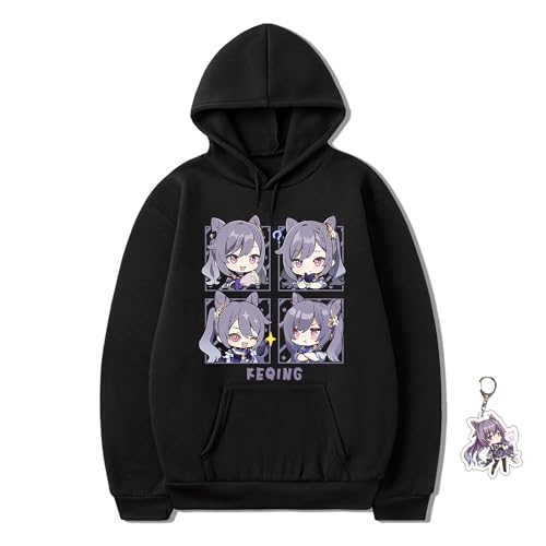 Anime Hoodie Women Sweatshirt Sweater Men Unisex Anime Hoodie Furina Scaramouche Hu Tao, Free Keychain (Black-Keqing-1,L,Large)
