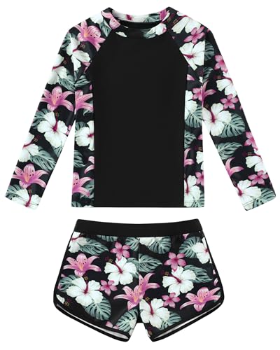 Image of Girls Rash Guard Long Sleeve Swimsuit 2 Piece Bathing Suit UPF 50+ Summer Beach Swimwear for Girl 5-14 Years