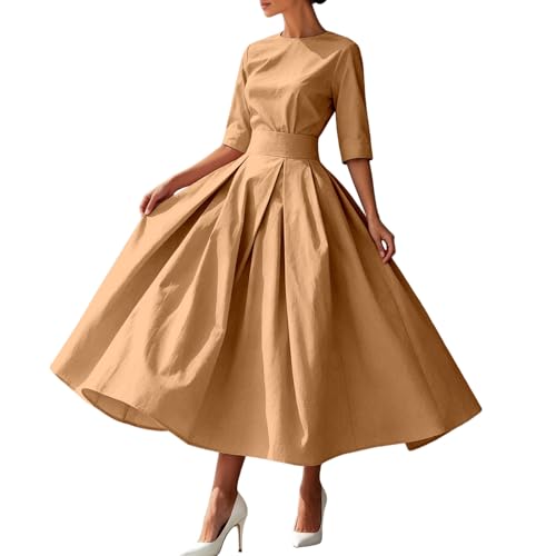 Robe d'été longue en lin femme chic avec manches longues et col rond élégant