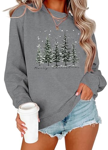 Image of PECHAR Christmas Tree Sweatshirts Women Pine Tree Print Shirts Nature Lover Gift Casual Tee Long Sleeve Xmas Pullover