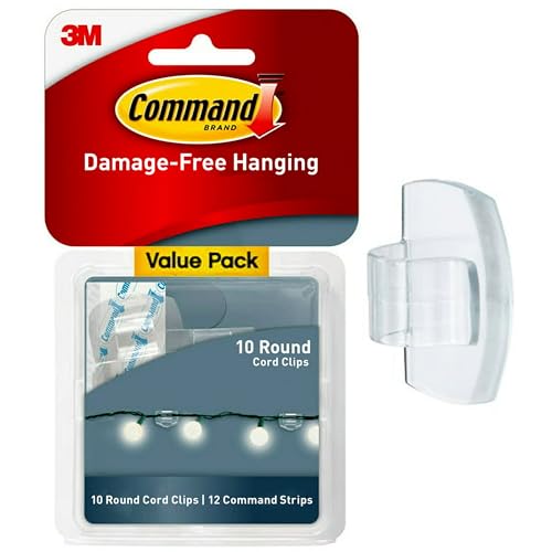 Command Round Cord Clips, Damage Free Hanging Cable Clips, No Tools Wall Clips for Hanging Electrical Cables of Christmas Decorations, 40 Clear Cord Clips and 48 Command Strips