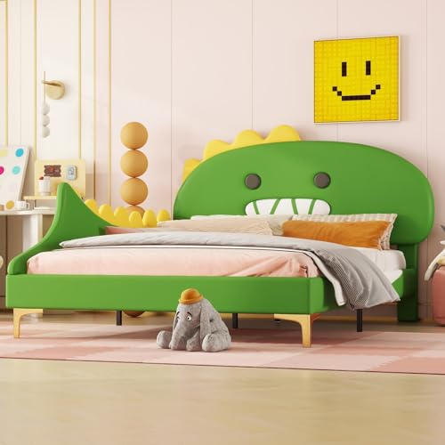 KOMHTOM Lit d'enfant Lit Rembourré Forme de Dinosaure de Dessin animé Lit de Jeune avec Tête de Lit Cadre de Lit Sommier à Lattes en Bois(sans Matelas) (Vert,...