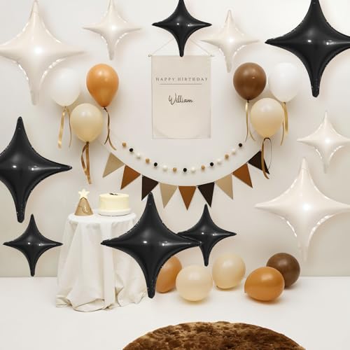 Image of Black White Star Balloons,12Pcs Four Angle Star Foil Balloons | 26Inch and 10Inch Black White Quadrangle Star Helium Balloon for Birthday Baby Shower Wedding Party Decorations