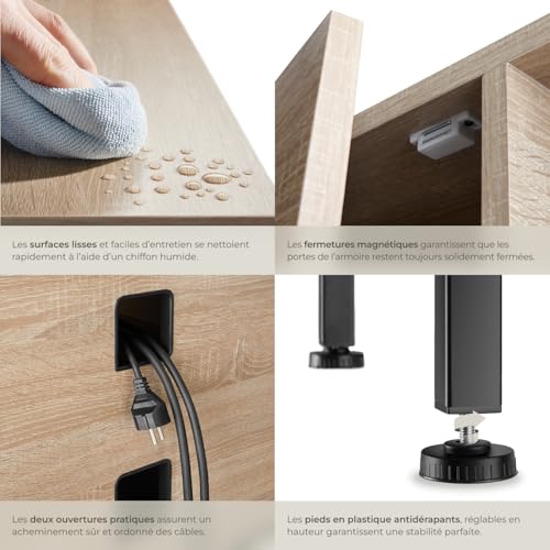 Meuble TV 110 cm en bois clair avec 4 compartiments tectake