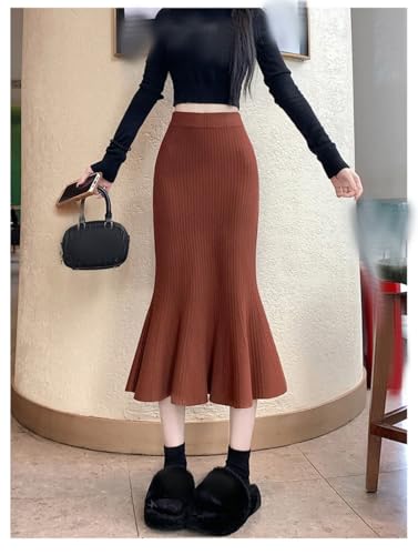 Women Solid Knit A-Line Midi Skirts Fall Winter Elastic Mermaid Skirt Slim High Waist Commute Skirt2