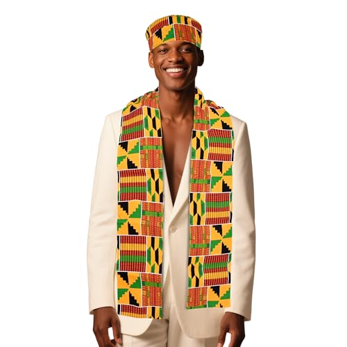 2PCS African Kente Scarf Dashiki Cloth Print Stole Sash and Kufi Hat Sets Perfect for Black History Celebrations Kwanzaa Graduation Sash Stole African Turban Clothes for Men Women