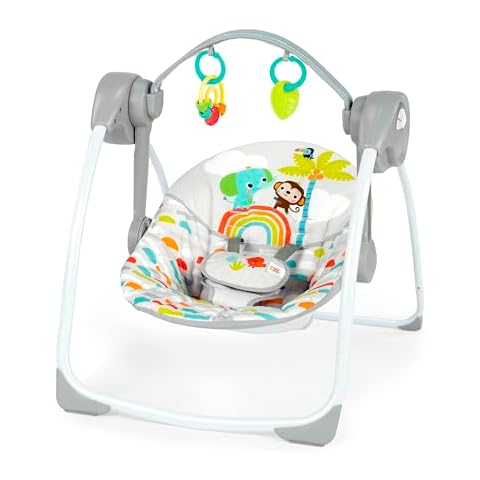 Bright Starts Playful Paradise Portable Compact Automatic Baby Swing with Music, Unisex, Newborn + Cover