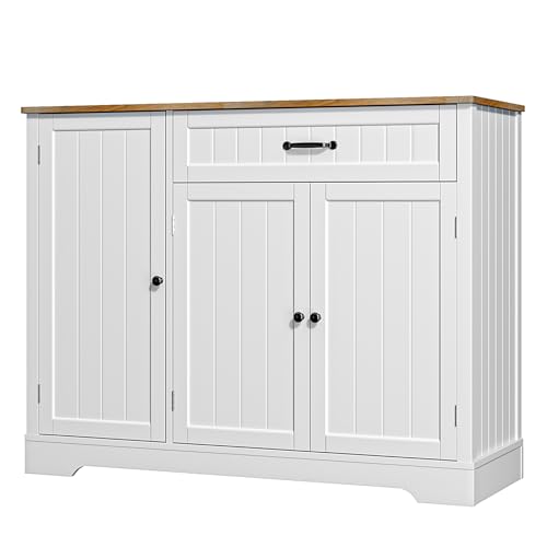Gizoon Kitchen Coffee Bar Cabinet with Storage Kitchen Sideboard Buffet Cabinet with Drawers, Short Pantry with Door and Shelves for Bathroom and Living Room, White and Rustic, Painted