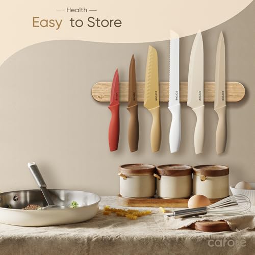 CAROTE 12 Pieces Kitchen Knife Set, Stainless Steel Knife Set With Nonstick Ceramic Coating, Dishwasher Safe with 6 Blade Guards, Rustproof, Brown