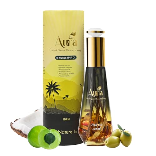 Image of Aura 18 Herbs Hair Oil for Hair Growth & Hair Fall Control Enriched with Amla, Bhringraj & Neem Lightweight, Non-Sticky & Natural Herbal Oil for Men & Women,120 ml