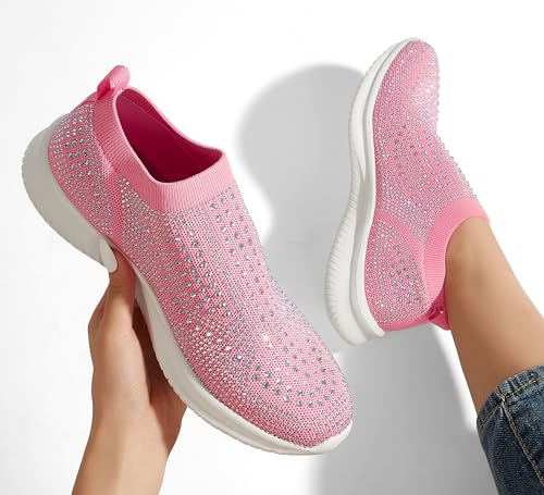 BELOS Women's Rhinestone Mesh Slip On Walking Shoes Fashion Breathable Spakle Glitter Sneaker (Hot Pink,11)