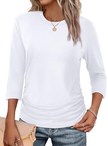 WIHOLL Womens 3/4 Length Sleeve Tops Crewneck Ruched Summer Shirts 2026 Business Casual Outfits Blouses Spring Clothes