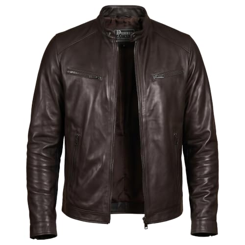 Image of Men Cafe Racer Motorcycle Style Solid Leather Jacket Slim Fit Motorcycle Brown Cafe Racer Leather Jacket