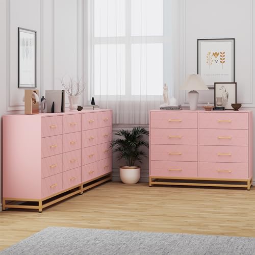 GarveeHome Dresser for Bedroom with 8 Drawer, TV Stand Dressers Chest of Drawers Large Wood Dresser for Storage and Organization (Pink)