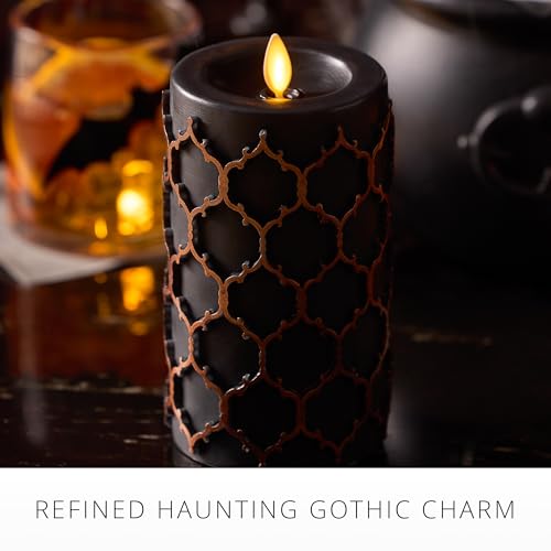Image of Luminara Black Embossed Fretwork 3.5 inch x 6.5 inch Pillar, AA Battery Operated w /Timer Function, Flickering Flameless LED Light Real Wax Candle for Indoor Home Decoration, for Dining Room Table Centerpiece