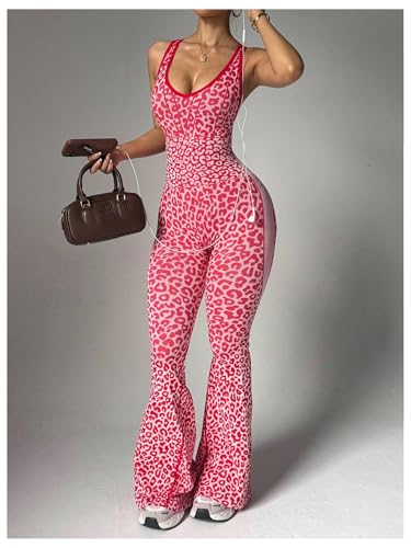Image of Verdusa Women's Cheetah Print Workout Sets Yoga Jumpsuit Criss Cross Sleeveless Work Out Clothes Flared Pants Jumpsuits