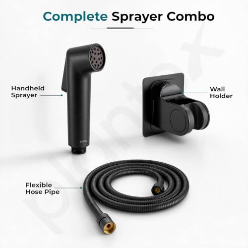 Image of Plantex Health Faucet Set /ABS Jet Spray with 1.2M Stainless Steel Hose Pipe for Toilet /Self Adhesive Hand Shower Holder /No Drilling Wall Mount - (Black, Combo)