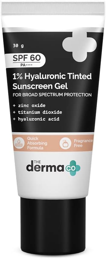 The Derma Co 1% Hyaluronic Tinted Sunscreen For All Skin Types Spf 60 Gel, Pa++++, No White Cast, Lightweight, Broad Spectrum Protection - 30G, Pack Of 1