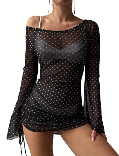 ZAFUL Womens Swimsuit Cover Up Dress Off Shoulder Hollow Coverup Bathing Suit Mesh Swim Beach Dress 0-Polka Dot M