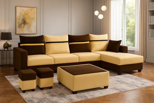 Image of CASASTYLE Wallis 8 Seater Fabric RHS L Shape Sofa Set with 1 Centre Table & 2 Puffy (Cream- Brown) | Velvet Finish | Comfortable Sectional Sofa for Living Room