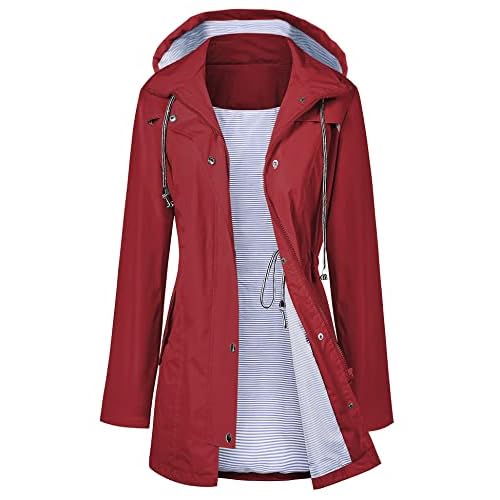 LOMON Raincoat Women Waterproof Long Hooded Trench Coats Lined Windbreaker Travel Jacket S-XXL Medium Wine Red