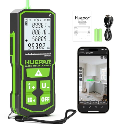 Huepar 100m Outil de Mesure Laser Vert avec Contrôle par Application, Distancemètre Bluetooth Rechargeable, Capteur d'angle, Modes Multiples, IP54 Étanche Durabilité pour Maison et Construction