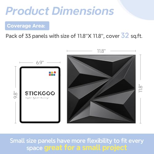 STICKGOO 3D Wall Panels for Interior Wall Decor, Black Diamond Design Accent Wall Panels, 12''x12'' Modern Decorative Wall Panels for Living Room, Lobby, Office, 33 Pack - Image 4