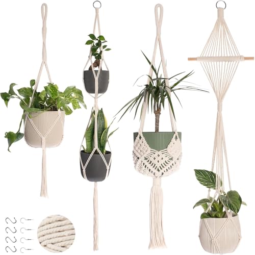 MUSONG 4-Piece Hand-Woven Hanging Basket Set with Hooks, Bohemian Style Cotton and Linen Flower Pot Holders for Indoor and Outdoor Use, Balcony, Room Decoration, and Hanging Plants, Beige