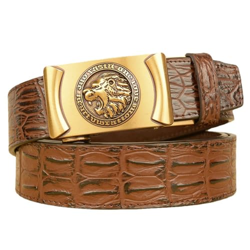 Men's Croc Embossed Belt With Lion's Head Slide Buckle - Adjustable Ratchet Closure, Easy Click-in Place