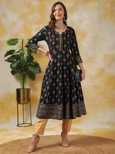 Image of rangita Black Rayon Calf Length Embroidered Anarkali Kurti for Women | Kurta for Women